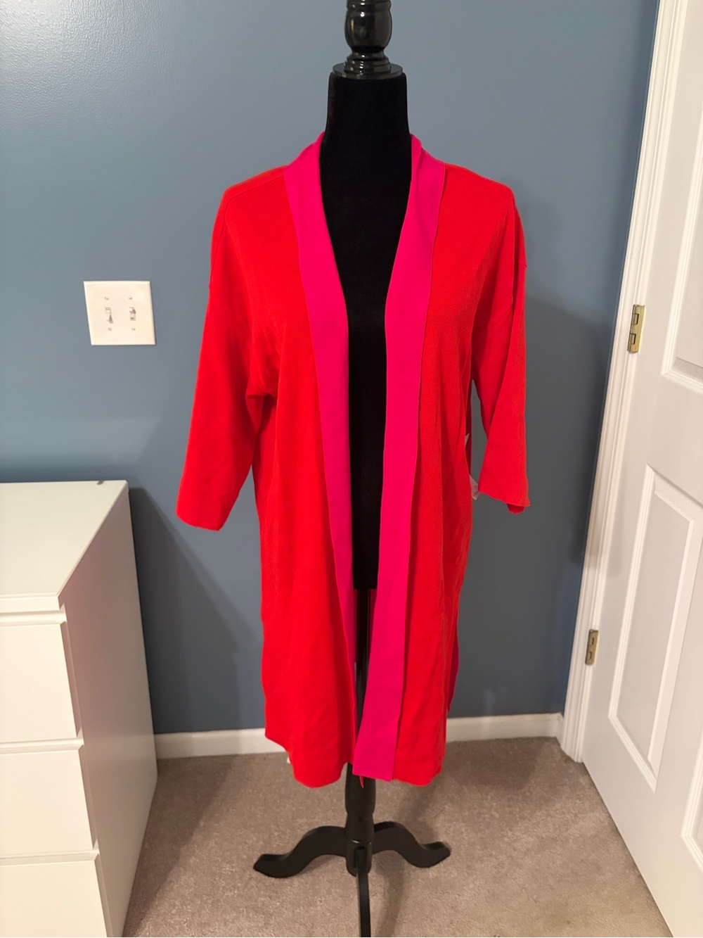 Chico's Vibrant Red Duster with Bright Pink Trim NWT Chicos Sz 2 (12-14)